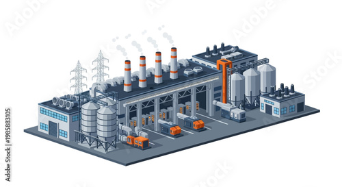 Industrial factory complex with smokestacks releasing steam, power lines, and storage silos under a clear sky, illustration of manufacturing and energy production