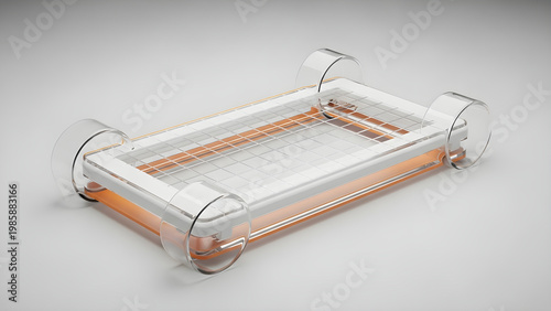 A sleek glass and copper tray with rollers on a plain surface indoors