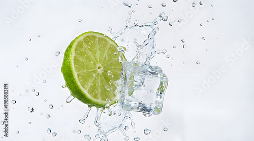 Refreshing lime wedge with ice cube splashing into clear water, isolated on a white background, showcasing a vibrant citrus fruit and cool hydration