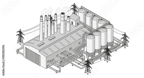 Isometric vector illustration of an industrial power facility, featuring tall smokestacks, storage silos, and surrounding electrical transmission infrastructure