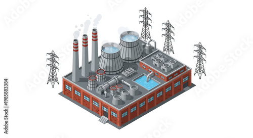 Isometric illustration of an industrial power plant with cooling towers and smokestacks, symbolizing energy production and vital electricity infrastructure