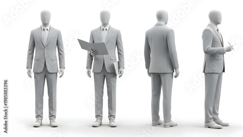 Four gray suited businessmen standing in various poses with documents