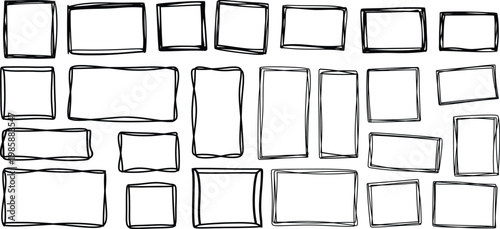 Hand drawn rectangle and square frame set with black ink messy doodle borders and sketchy line edges for creative designs.