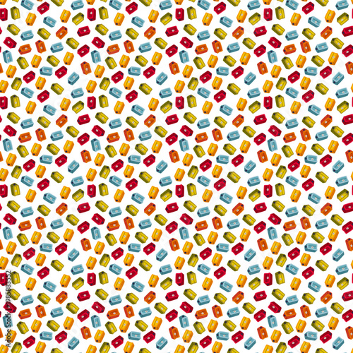 Vector seamless pattern with colored pencil sharpeners on a light isolated background