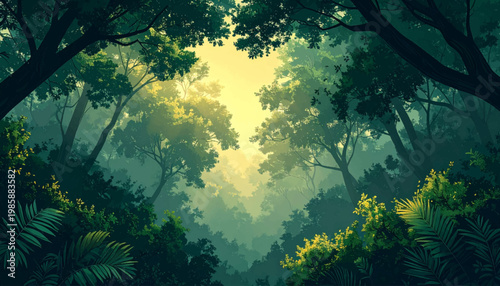 Misty jungle canopy glowing beneath serene dawn light. Lush rainforest treetops surrounding tranquil luminous horizon. Verdant woodland silhouette framing peaceful atmospheric sunrise
