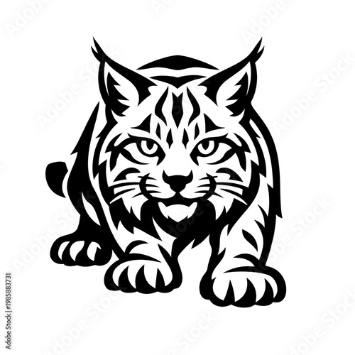 Stylized black and white illustration of a crouching tiger with sharp claws and intense gaze on white background