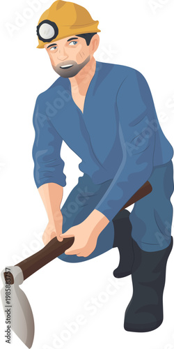 A miner in a blue uniform, holding a pick and wearing a protective helmet