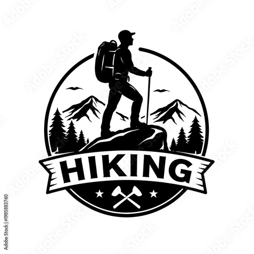 Hiker standing on mountain peak with backpack and trekking poles, surrounded by trees and mountains