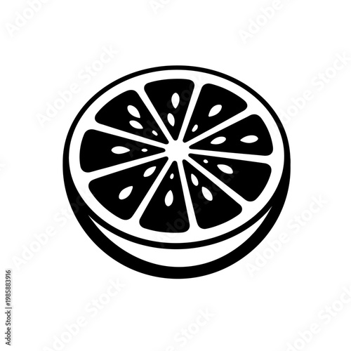 Black and white illustration of a citrus fruit slice, possibly lemon or orange, with visible segments and seeds