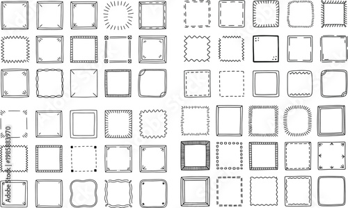 Hand drawn square frame mega collection with black ink doodle borders and decorative sketchy edges for creative photo gallery displays.