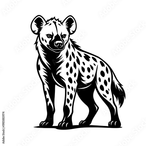 A black and white illustration of a spotted hyena standing on a plain background, looking forward with alert ears.