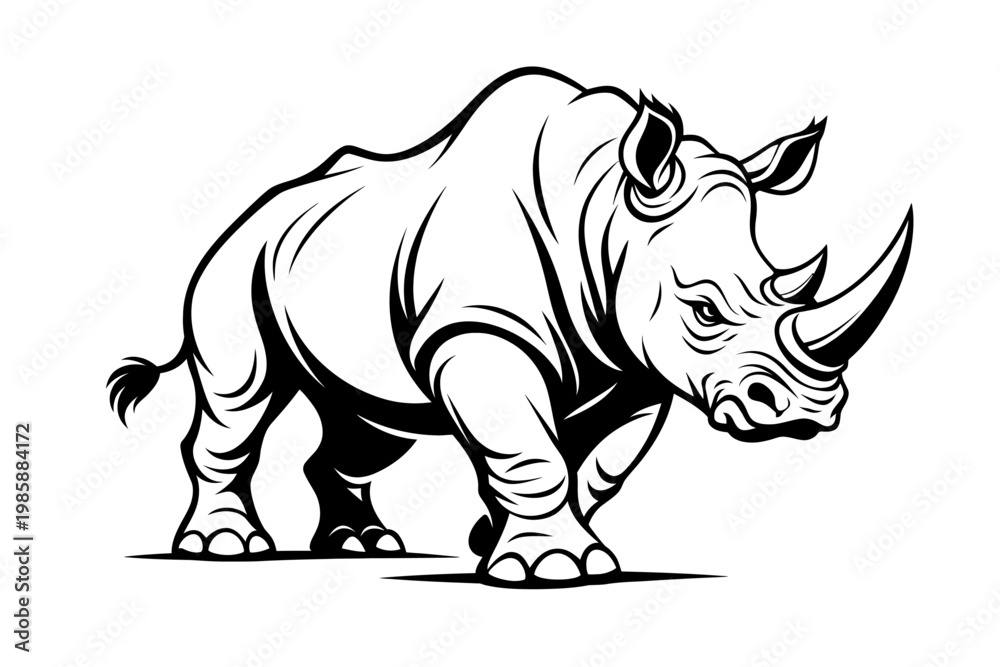 Fototapeta premium A black and white illustration of a rhinoceros in a powerful stance, showcasing its distinctive horn and rugged texture.