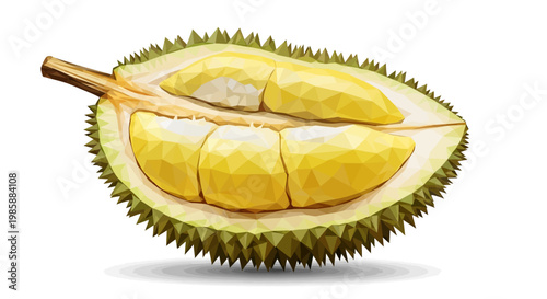 A halved durian fruit, revealing its yellow segments, is presented in a low polygon vector style, set against a stark white background, evoking a clean and modern aesthetic with vibrant