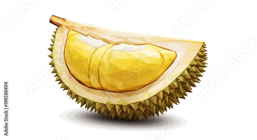 A close-up illustration shows a halved durian fruit with its distinctive spiky husk and creamy yellow flesh, presented in a low-poly style with a clean, bright white background to enhance