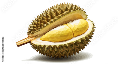 A close-up shot features a ripe durian fruit, sliced open to reveal its creamy yellow flesh, set against a stark white background, highlighting its unique spiky husk and inviting aroma
