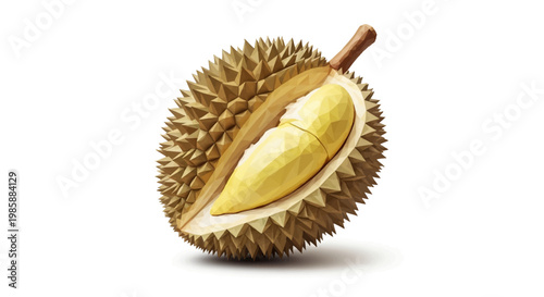 A meticulously detailed digital illustration showcases a halved durian fruit, revealing its creamy yellow segments inside, set against a stark white background and rendered in a style