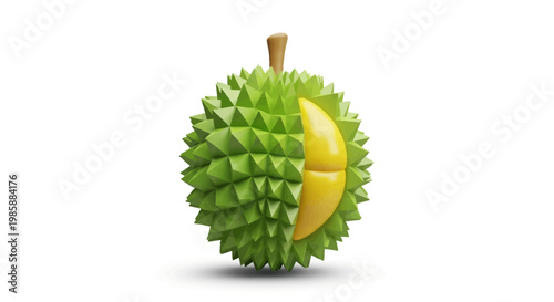 A spiky durian fruit is depicted in a vibrant, close-up studio shot, with a section cut away to reveal the creamy yellow flesh inside, set against a bright white background