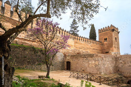 Torre de los Picos and Alhambra walls with spring flowers in Granada, Spain