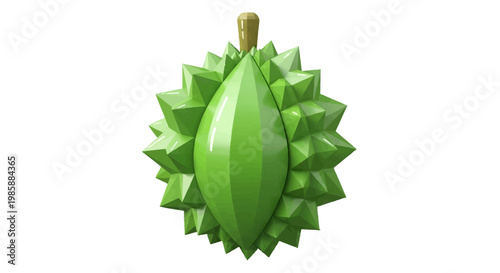 Isolated against a clean white backdrop, a stylized 3D rendering presents a whole durian fruit with a spiky green exterior and a small brown stem, rendered with bright lighting