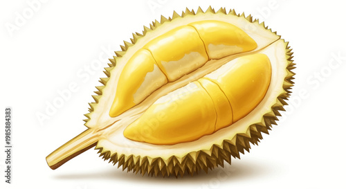 Detailed digital illustration of a halved durian fruit, showcasing its creamy yellow segments and spiky outer shell, set against a stark white background with soft lighting to emphasize