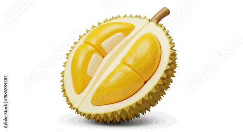 A halved durian fruit with its distinctive spiky outer shell and creamy yellow segments is presented in a studio shot against a stark white background, emphasizing its unique texture