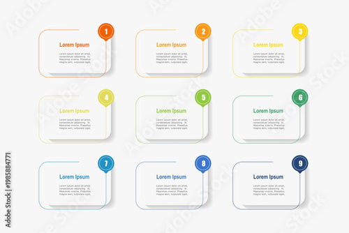 infographic elements template, business concept with 9 steps, rectangle  shapes design with multi color label for workflow layout, diagram, annual report, web design.Creative banner, label, vector