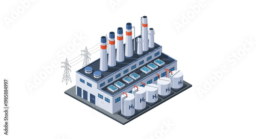 Isometric illustration of a modern industrial facility with hydrogen storage tanks and power lines, representing advanced energy technology and sustainable production