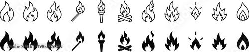 Comprehensive collection of fire icons in both solid and outline styles ideal for conveying warmth energy and danger in design projects.