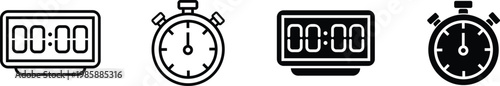 Set of four stopwatch and digital timer icons representing time measurement in outline and solid fill styles, isolated on transparent background, modern graphic design.