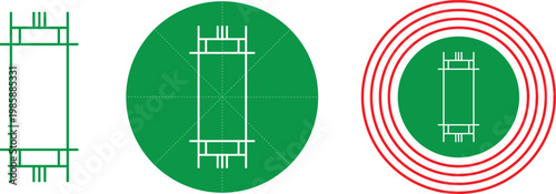 Three variations of a cricket wicket icon featuring green pitch and red signal rings ideal for sports related designs and applications.