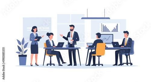 Professional colleagues collaborate in a modern office environment featuring digital charts, laptop workstations, and active business discussions.