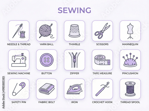 An elegant set of fifteen sewing and tailoring icons featuring essential dressmaking tools and haberdashery symbols in a soft purple line-art style