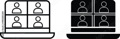 Video conference interface layout with four participant windows, showing user icons in a grid on a laptop screen, depicted in line art and solid silhouette styles.