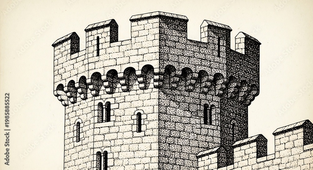 Obraz premium Detailed Architectural Drawing of a Medieval Castle Tower.