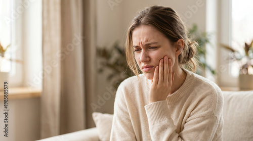 Woman holding cheek showing toothache discomfort and pain concept. A young woman expresses discomfort on her face while sitting indoors.