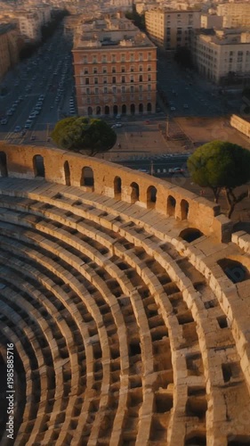 FPV Pass Along Colosseum Curved Stone Structure
