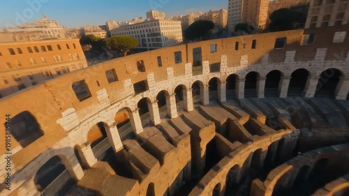 FPV Pass Along Colosseum Curved Stone Structure
