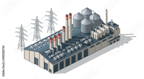 Isometric industrial complex with power plant buildings, smokestacks, storage silos, and electricity lines, for energy production and manufacturing