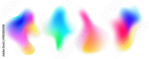 Rainbow neon gradient shapes with blurred color spots, abstract liquid stains and watercolor mesh texture on white vector background