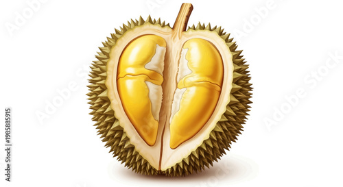 Close-up of a halved durian, revealing its creamy yellow flesh and spiky rind, presented against a clean white background with soft, diffused lighting that highlights the fruit's unique