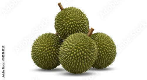 A stack of four durian fruits is presented in a studio shot against a plain white background, showcasing their spiky green exteriors with a focus on texture and detail, creating a fresh