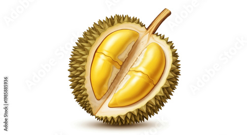 A cut durian fruit revealing its yellow segments is presented in a detailed digital illustration with sharp focus and vibrant colors, set against a plain white background to highlight