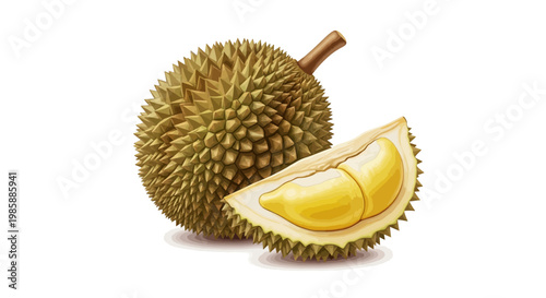 Isolated illustration of a durian fruit and a durian slice with visible seeds, presented against a clean white background with soft lighting, capturing the tropical fruit's details