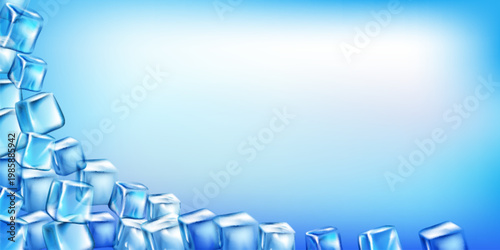 Ice cube frame with realistic transparent frozen blocks on blue gradient background. Vector illustration of cold crystal corner border and frosty glass elements for fresh summer drink ads.
