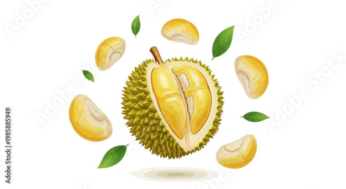 A cut durian with several floating slices and leaves is displayed in a digital illustration, set against a clean white backdrop with a vibrant and appetizing color palette for visual appeal