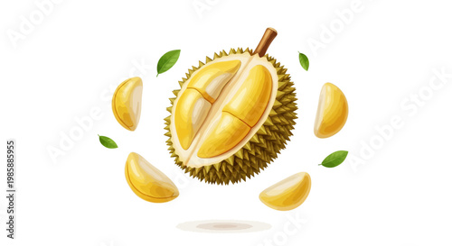 A vibrant, high-angle digital painting presents a halved durian with its creamy yellow flesh exposed, surrounded by several durian slices and scattered green leaves against a clean white