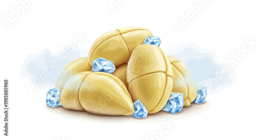 A close-up digital illustration shows a pile of durian fruit with chunks of ice around it, against a clean white background, rendered with soft lighting and a cool color palette to evoke