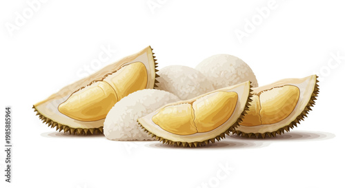 A cut durian fruit with its creamy yellow flesh and white arils is displayed in a still life composition against a plain white background, creating a clean and appetizing presentation