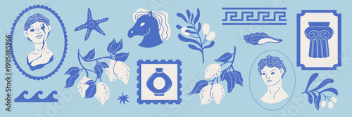 Stamp set with ancient Greek symbols and Mediterranean icons. Vector illustration of columns, vases and mythology element. Vintage stamps with Athenian culture, olive branches and classical sculptures