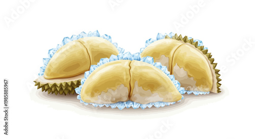 A flat lay of three durian fruit segments, each with its spiky outer shell, are displayed against a white backdrop, creating a clean and appetizing visual with bright lighting